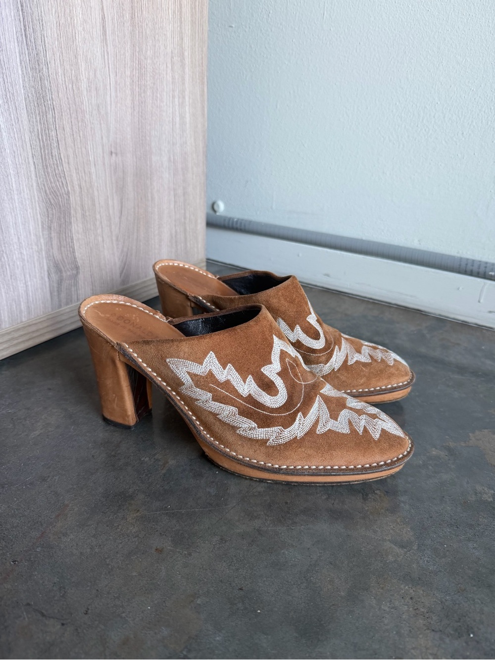 Donald J. Pliner Brown Suede Western Embroidered Mule Heels